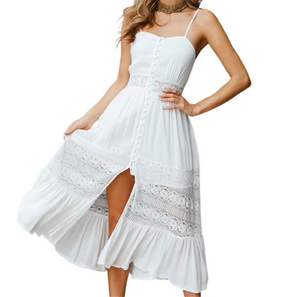 Witte zomerjurk met knoopsluiting en kanten details, mouwloos ontwerp, ideaal voor casual en elegante gelegenheden. Perfecte damesmode voor warme dagen.