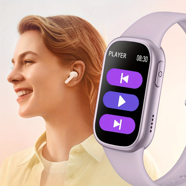 Vrouw met draadloze oordopjes en smartwatch met muziekspeler op scherm. Technologie, draagbare gadgets, moderne accessoires.