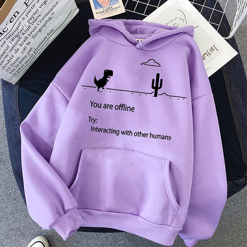 Paarse hoodie met grappige tekst "You are offline" en dinosaurusprint, ideaal voor casual mode en streetwear. Comfortabele katoenen trui.