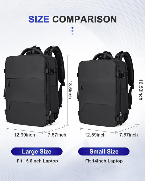 Twee zwarte rugzakken met laptopvakken, maatvergelijking: grote rugzak voor 15,6 inch laptop, kleine rugzak voor 14 inch laptop, afmetingen weergegeven.