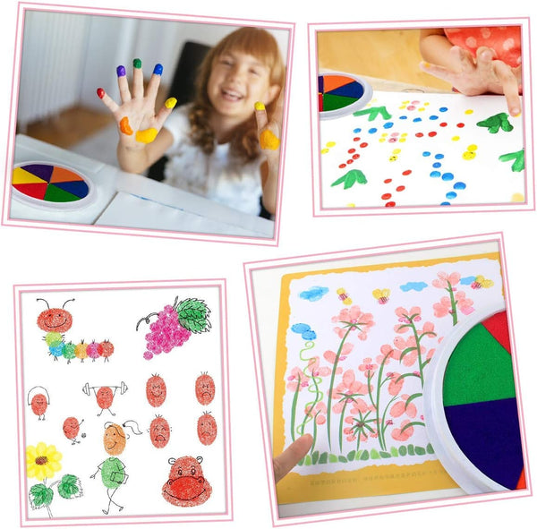 Kind schildert met vingerverf; kleurrijke kunstwerken en vrolijke kindertekeningen. Creatief speelgoed voor kinderen, stimuleert fantasie en motoriek.