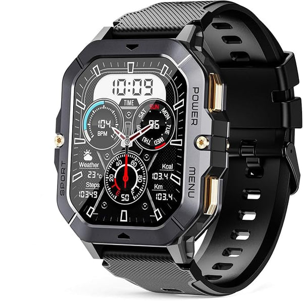 Zwarte smartwatch met rechthoekig scherm, hartslagmeter, weer- en stappenteller, sportief ontwerp, siliconen band, ideaal voor fitness en gezondheid.