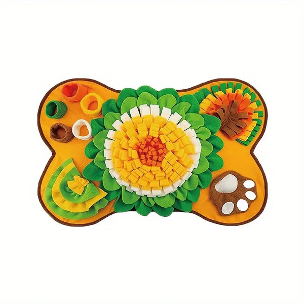 Honden snuffelmat in botvorm met kleurrijke vilten bloemen en vakjes, ideaal voor mentale stimulatie en traktaties. Perfect voor huisdieren.
