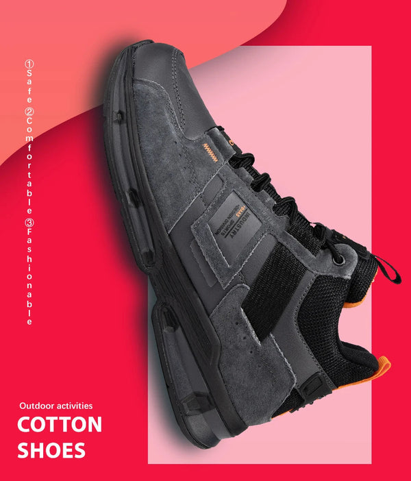 Grijze outdoor sneaker met zwarte veters en oranje accenten, ideaal voor veilige en comfortabele activiteiten. Modieuze katoenen schoenen.
