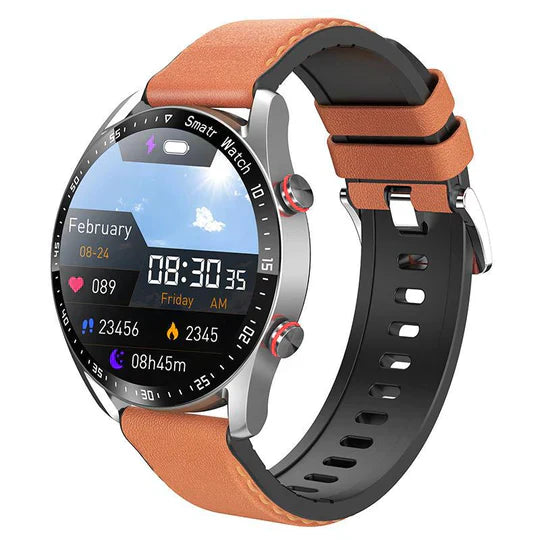 Moderne smartwatch met bruin leren band, ronde wijzerplaat, digitale display met tijd, datum en gezondheidsstatistieken. Geschikt voor fitness en dagelijks gebruik.