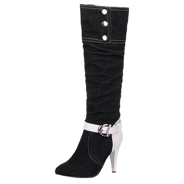 Zwarte dameslaars met hoge hak, witte riem en knopen, modieuze kniehoge laars, perfect voor herfst- en wintermode, elegant en stijlvol ontwerp.