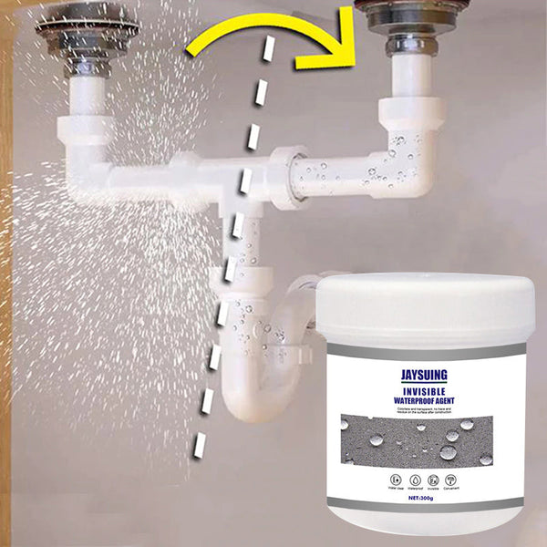 Witte PVC-afvoerbuis met lekkage, gerepareerd met Jaysuing onzichtbare waterdichtingsmiddel. Ideaal voor sanitairreparaties en waterdicht maken.