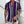 Man in gestreept overhemd met paarse, zwarte en witte strepen, korte mouwen, tatoeages op armen, modieuze herenkleding, zomermode.