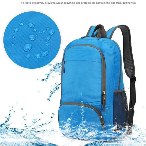 Waterdichte blauwe rugzak met meerdere vakken, spatbestendig materiaal, ideaal voor reizen en outdooractiviteiten. Duurzaam en stijlvol ontwerp.