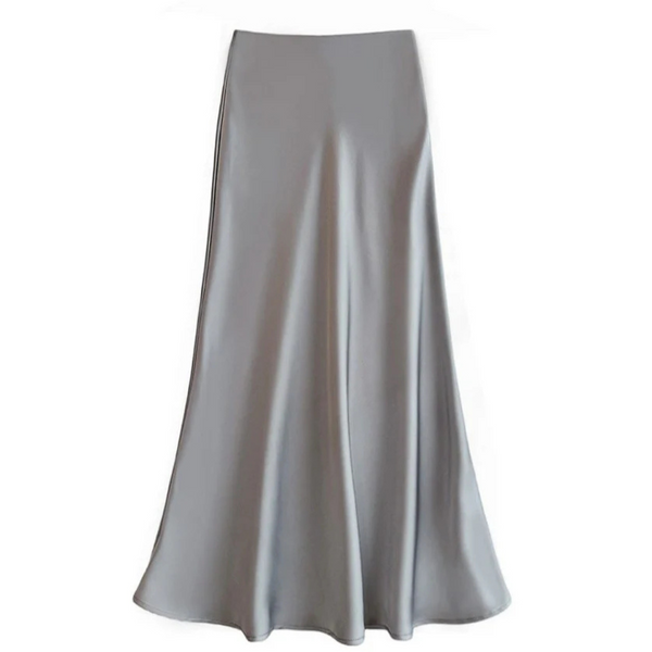 Grijze satijnen maxi-rok, vloeiend en elegant ontwerp, perfect voor formele gelegenheden. Luxe damesmode, stijlvolle lange rok.