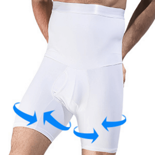 Witte herenshaper met hoge taille en pijlen die compressie en ondersteuning aangeven. Ideaal voor afslanken en figuurcorrectie.