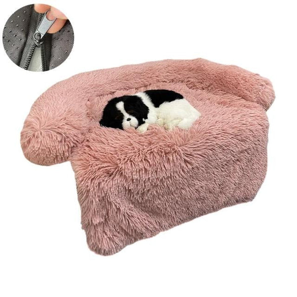 Roze pluche hondenmand met zwart-witte hond, antislip onderkant en ritssluiting. Comfortabele huisdierbedden, luxe hondenaccessoires.