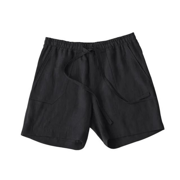 Zwarte linnen korte broek met elastische tailleband en trekkoord, geschikt voor casual zomeroutfits. Comfortabele en ademende damesmode.