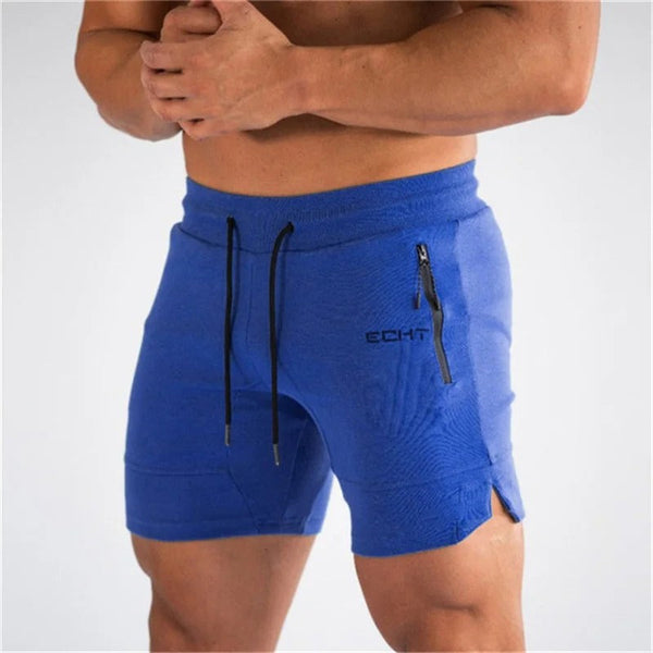 Blauwe sportshorts voor heren met trekkoord en ritszak, ideaal voor fitness en hardlopen. Comfortabele pasvorm, ademend materiaal.