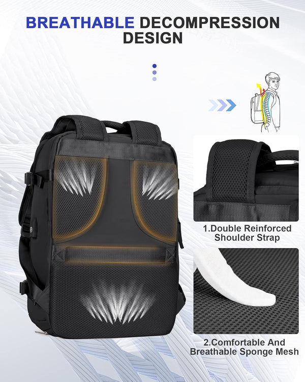 Zwarte rugzak met ademend decompressieontwerp, dubbele verstevigde schouderbanden en comfortabele sponsmesh. Ideaal voor reizen en dagelijks gebruik.