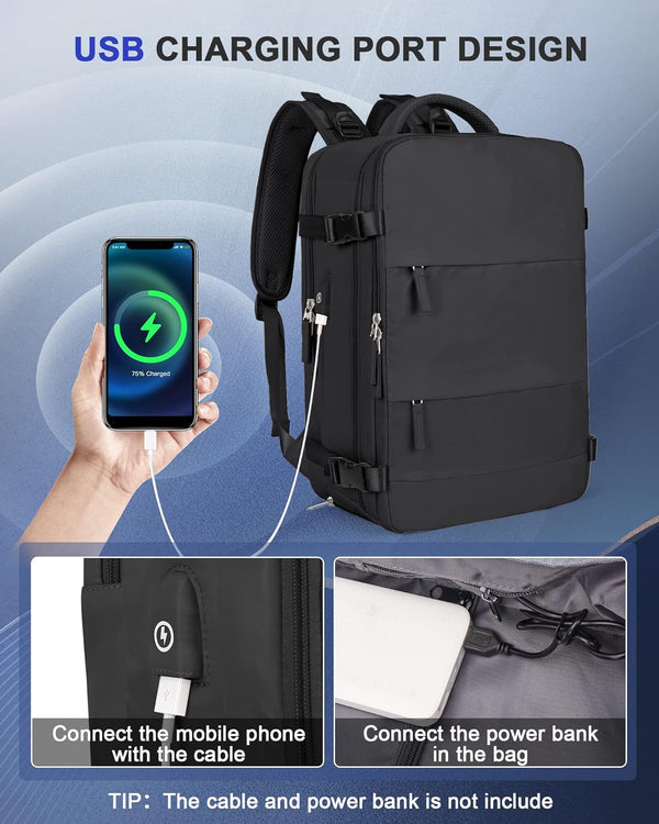 Zwarte rugzak met USB-oplaadpoort, ideaal voor reizen en werk. Inclusief kabelverbinding voor powerbank (niet inbegrepen). Praktisch en modern ontwerp.