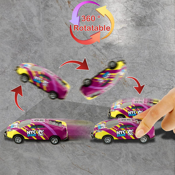 Paarse en gele speelgoedauto met 360 graden rotatie, NYC Stars design, op grijze achtergrond. Interactief kinderspeelgoed, ideaal voor creatieve spelletjes.