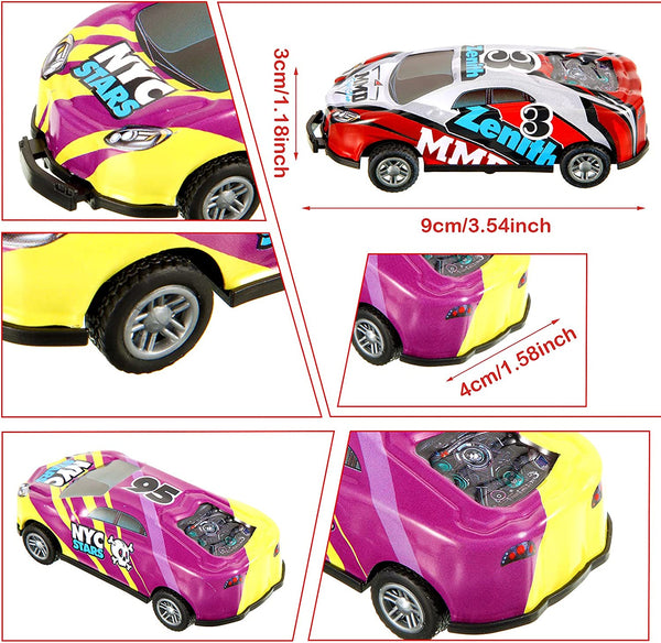 Afbeelding van een kleurrijke speelgoedraceauto met opdruk "NYC Stars" en "Zenith", afmetingen 9x4x3 cm, geschikt voor kinderen, ideaal als cadeau.