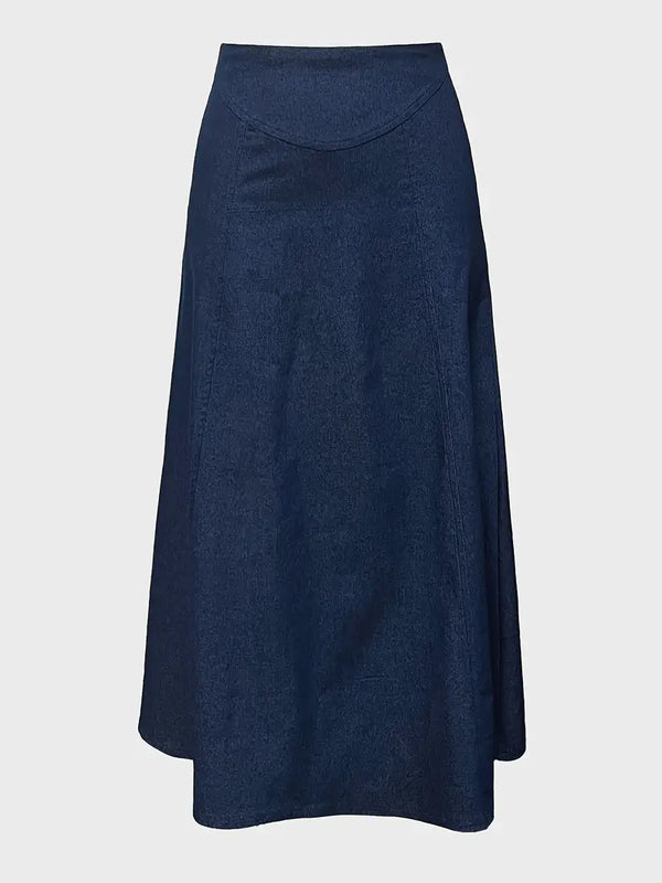 Donkerblauwe denim rok, A-lijn, knielengte, damesmode, casual en elegant, veelzijdig ontwerp, perfect voor dagelijks gebruik en speciale gelegenheden.