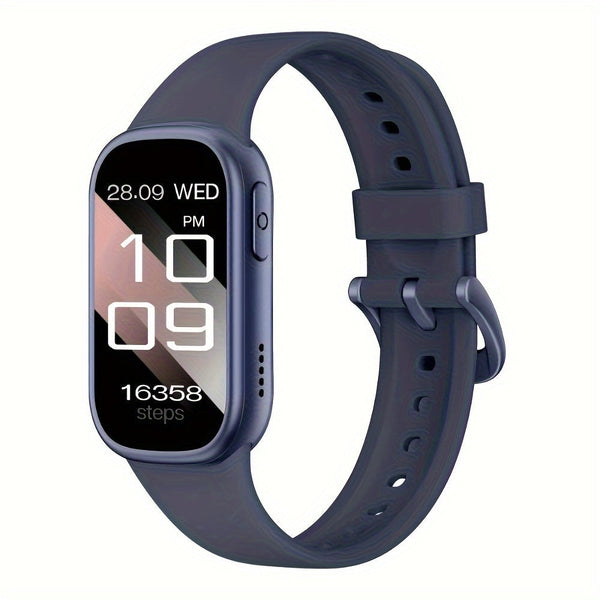 Moderne zwarte smartwatch met stappenteller en digitaal display, toont tijd en datum. Geschikt voor fitness en dagelijks gebruik.