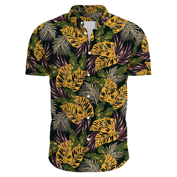 Herenoverhemd met korte mouwen, tropisch bladpatroon, zwart-geel, casual zomerstijl, ademend katoen, modieus en comfortabel.