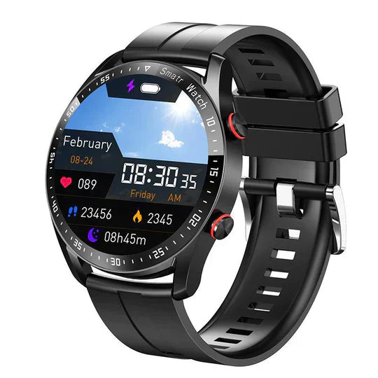Zwarte smartwatch met rond display, toont datum, tijd, hartslag en stappen. Geschikt voor fitness en gezondheidstracking. Modern ontwerp.