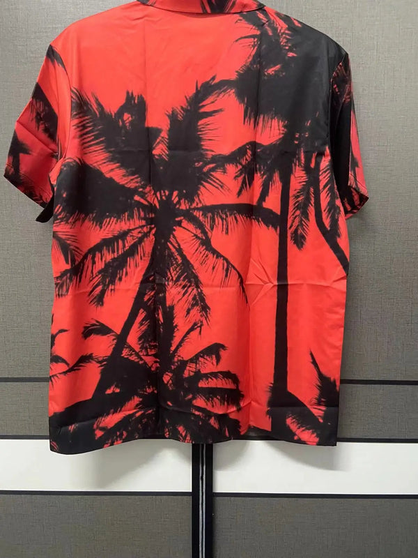 Rode Hawaïshirt met zwarte palmboomprint, korte mouwen, zomermode, casual strandkleding, tropisch design, heren T-shirt.