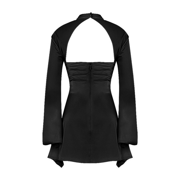 Zwarte mini-jurk met open rug en lange mouwen, elegante avondkleding, trendy mode, perfect voor feestjes en speciale gelegenheden.