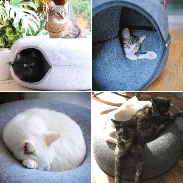 Vier katten in verschillende posities op en rond een grijze kattenmand. Ideaal voor huisdieren, comfortabel en stijlvol kattenbed. Perfect voor kattenliefhebbers.