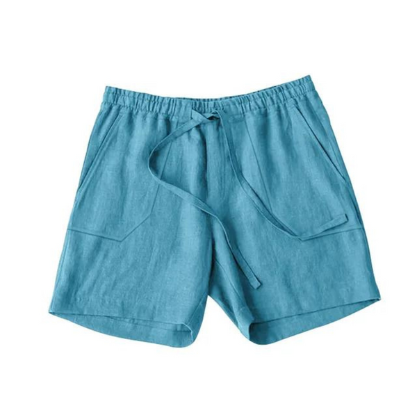 Blauwe linnen korte broek met elastische tailleband en trekkoord, casual zomerstijl voor heren, comfortabele pasvorm, twee voorzakken.
