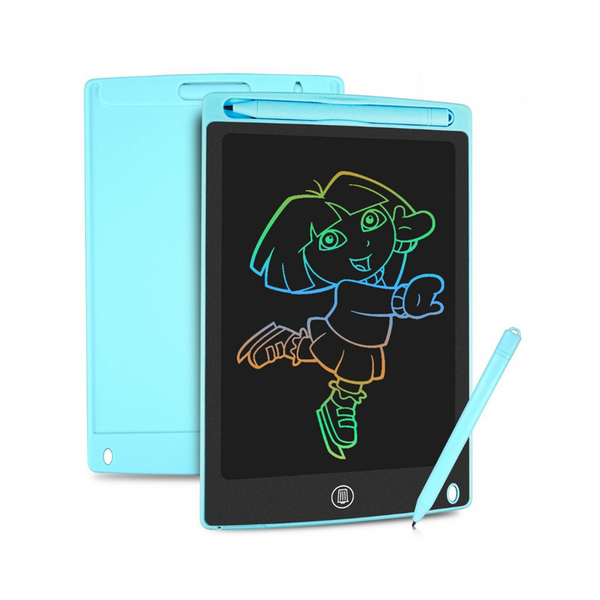 Blauw LCD-schrijftablet met kleurrijke tekening van een cartoonfiguur, inclusief styluspen. Ideaal voor kinderen, creatief tekenen en notities.