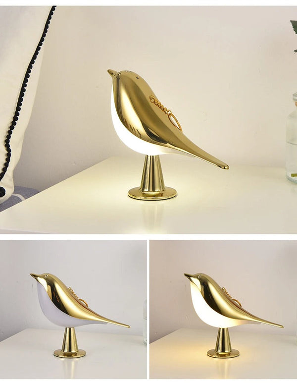 Gouden vogel tafellamp op nachtkastje, modern design, sfeerverlichting, slaapkamerdecoratie, LED lamp, minimalistisch interieur, stijlvolle verlichting.