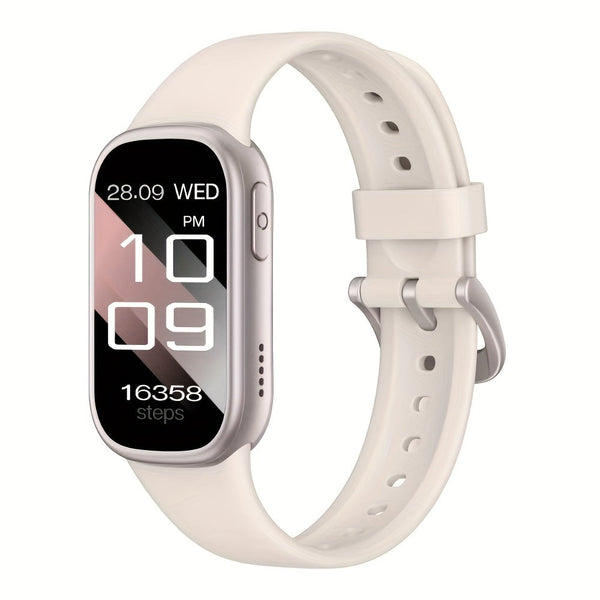 Witte smartwatch met siliconen band, rechthoekig scherm, datum- en tijdweergave, stappenteller. Modern design, geschikt voor fitness en dagelijks gebruik.