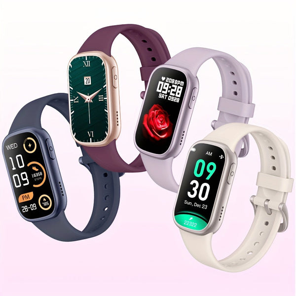 Drie moderne smartwatches met kleurrijke wijzerplaten en siliconen bandjes, ideaal voor fitness en gezondheidstracking. Trendy en functioneel ontwerp.