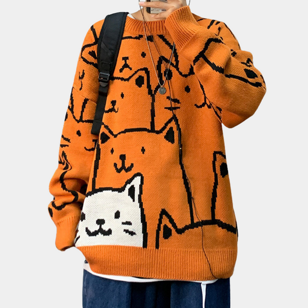 Oranje trui met cartoon kattenprint, unisex design, casual streetwear stijl, ideaal voor herfst en winter, comfortabele pasvorm, trendy mode.