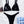 Zwarte ribgebreide bikini met verstelbare bandjes en metalen sluiting, liggend op witte achtergrond. Perfecte strandkleding voor dames.