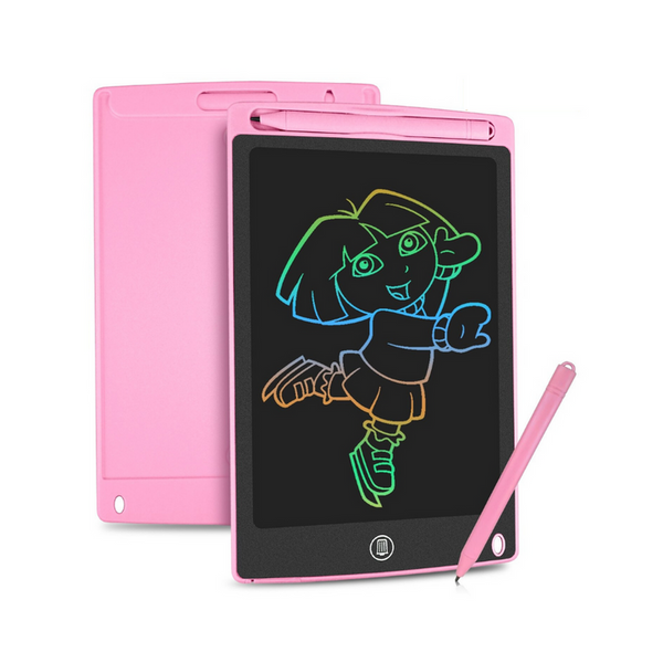 Roze LCD-schrijftablet met kleurrijke tekening van een cartoonfiguur, inclusief stylus. Ideaal voor kinderen, creatief tekenen en notities.