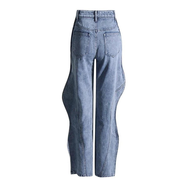 Blauwe damesjeans met hoge taille en unieke golvende zijkanten, trendy design, comfortabele pasvorm, modieuze spijkerbroek voor casual en stijlvolle outfits.