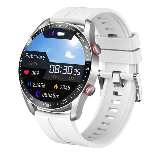Moderne smartwatch met wit siliconen bandje, rond touchscreen, gezondheidsmonitoring, stappenteller en weersvoorspelling. Geschikt voor fitness en dagelijks gebruik.