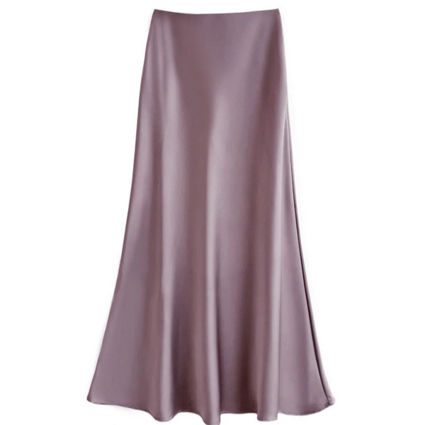 Lange zijden rok in lavendelkleur, vloeiend ontwerp, elegant en modieus. Perfect voor formele gelegenheden en stijlvolle outfits.