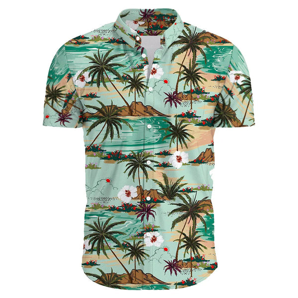 Heren Hawaii overhemd met tropische print, palmbomen en bloemen, korte mouwen, groen en beige tinten, zomermode, casual strandkleding.