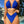 Blauwe bikini dames, haltertop en hoge taille slip, strandmode, zomerkleding, stijlvolle badkleding, zwembad achtergrond, zonlicht.