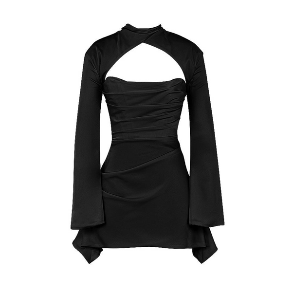 Zwarte mini-jurk met lange mouwen en open schouderdetail, elegante avondkleding, trendy mode, perfect voor feestjes en speciale gelegenheden.