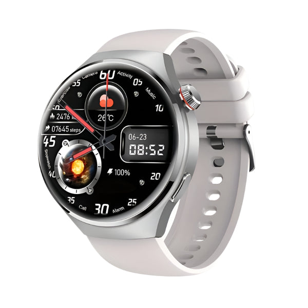 Moderne smartwatch met zilveren behuizing en witte band, toont tijd, datum, stappen en hartslag. Ideaal voor fitness en gezondheidstracking.