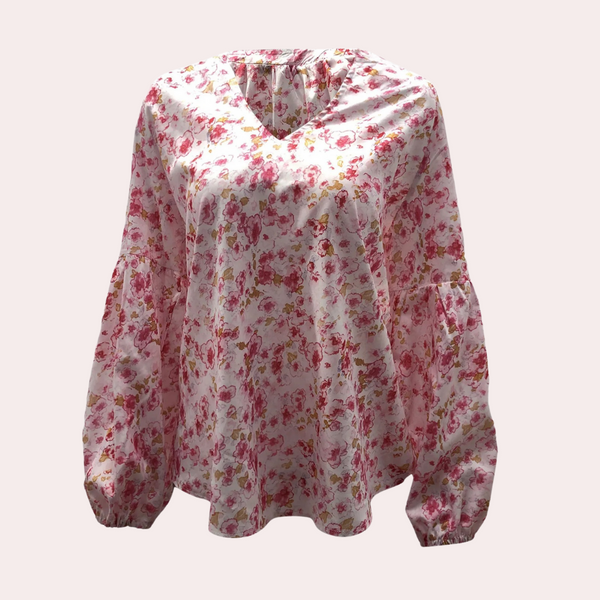Roze bloemenblouse met lange mouwen voor dames, V-hals, luchtige stof. Perfect voor casual en formele gelegenheden. Trendy damesmode.