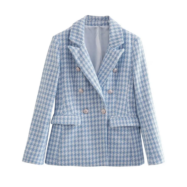 Lichtblauwe geruite damesblazer met dubbele knopenrij, elegante zakelijke jas, modieuze kleding voor dames, geschikt voor formele gelegenheden.