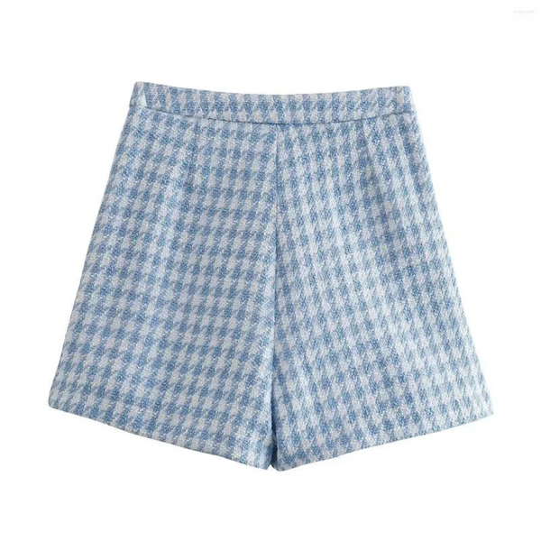 Blauwe geruite dames short, hoge taille, trendy zomerbroek, comfortabel en stijlvol, perfect voor casual en modieuze outfits.