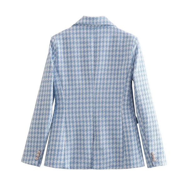 Blauwe pied-de-poule damesblazer, lange mouwen, knoopsluiting, elegante zakelijke stijl, geschikt voor kantoor en formele gelegenheden.