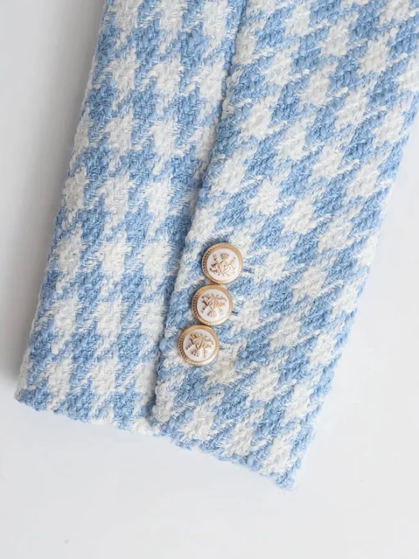 Blauw-witte pied-de-poule jas met drie knopen, stijlvolle damesmode, elegante textuur, trendy kledingstuk, hoogwaardige stof.
