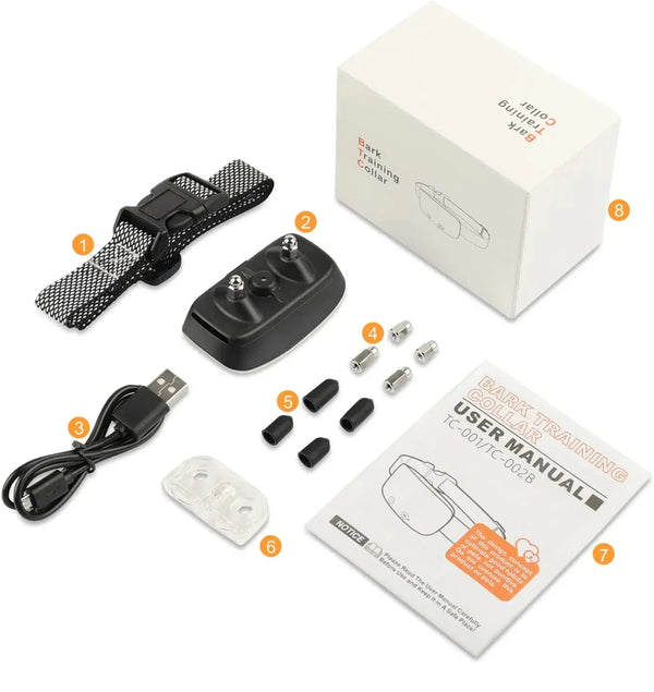 Automatische anti-blaf hondenhalsband set, inclusief oplaadbare blafstopper, IP67 waterdicht, met USB-kabel en handleiding voor training.